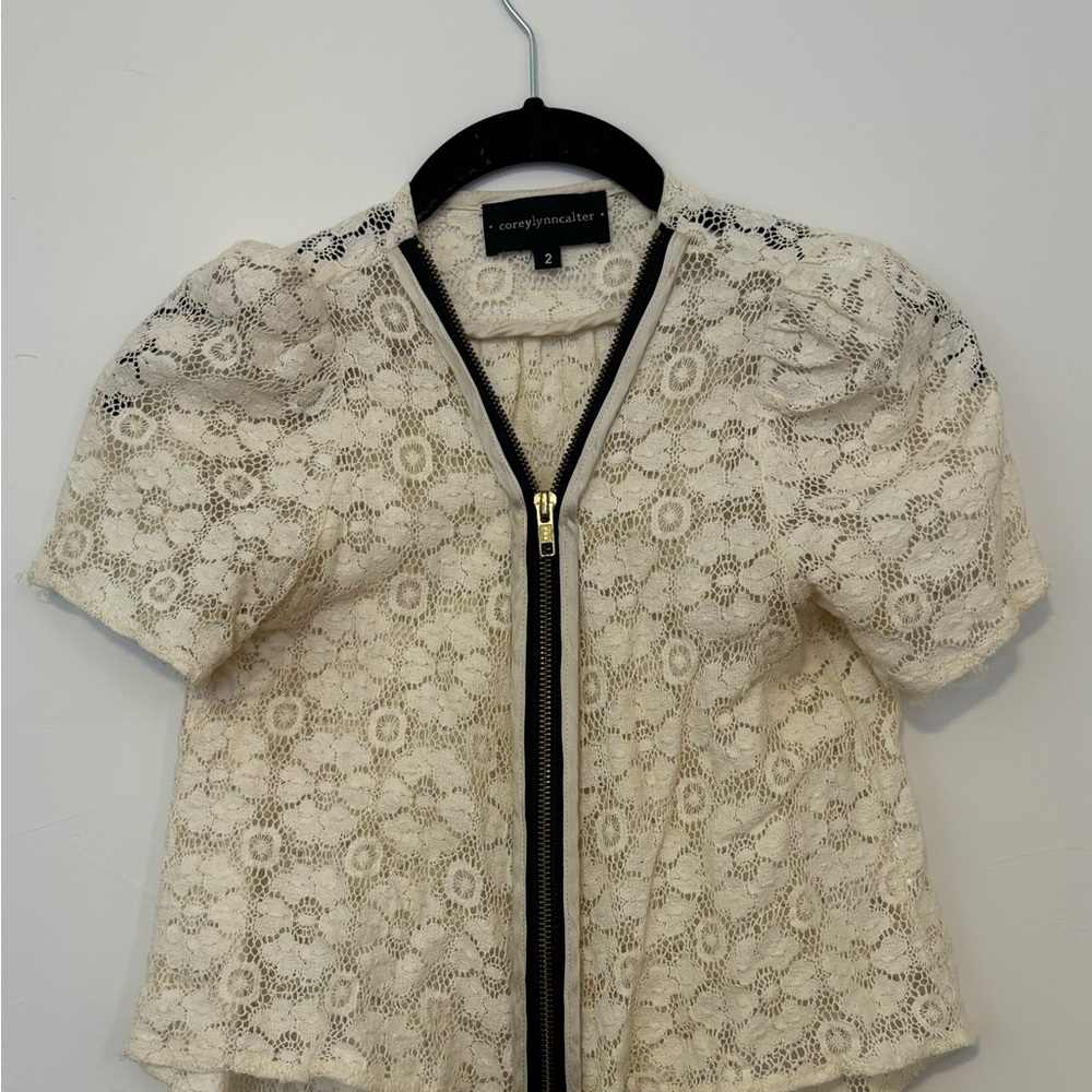 Corey Lynn Calter Cream Blouse with Mandarin Collar and Short Sleeves